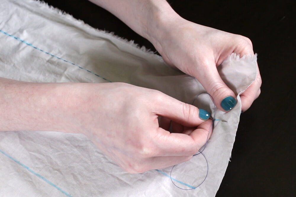 Shibori Stitch Resist Fabric Dyeing - Continue stitching
