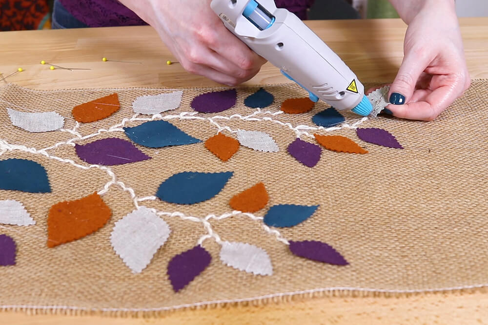 Burlap Table Runner - Continue gluing leaves